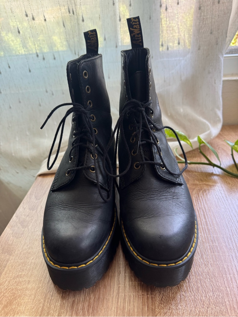 Dr. Martens Black Leather Platform Lace-Up Boots with Yellow Stitching